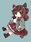  1girl animal_ears blue_background blush_stickers boots bowl brown_eyes brown_footwear brown_hair chibi chopsticks commentary_request eating floral_print food full_body highres holding holding_bowl holding_chopsticks horse_ears horse_girl horse_tail japanese_clothes kimono long_hair long_sleeves looking_at_viewer mochi multicolored_hair nice_nature_(negaino_kasane)_(umamusume) nice_nature_(umamusume) nozo_(hitomiz) pleated_skirt print_kimono red_skirt simple_background sitting skirt sleeves_past_wrists solo streaked_hair striped striped_kimono tail umamusume vertical-striped_kimono vertical_stripes wide_sleeves 