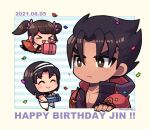  &gt;_&lt; 1boy 2girls :&gt; :3 black_eyes black_hair black_jacket black_wristband border bright_pupils character_name closed_mouth collarbone confetti dated english_text fingerless_gloves fingernails gift gloves hairband happy_birthday highres holding holding_gift jacket kazama_jin kazama_jun kotorai ling_xiaoyu multiple_girls open_mouth pectoral_cleavage pectorals red_gloves signature tekken twintails white_border white_hairband white_pupils 