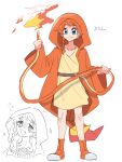  belt blue_eyes braid charmander fang fire gotoroku_(pkg) highres hood hooded_robe hose multiple_views orange_footwear orange_hair personification pokemon robe simple_background sketch smile standing white_background wide_sleeves 