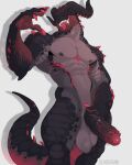 anthro balls bambii_dog big_balls big_penis black_body black_horn black_scales claws curved_horn demon dragon erection fangs genitals hi_res horn male muscular muscular_anthro muscular_male nipples pecs penis scales sharp_teeth solo spiked_tail spikes spikes_(anatomy) standing tail teeth tongue tongue_out vein veiny_penis