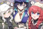  3girls beanie black_hair black_scarf blue_archive blue_eyes blue_headwear blush braid breasts brown_shirt chihiro_(blue_archive) chihiro_(camp)_(blue_archive) closed_mouth collared_shirt dishui_tangni green_eyes green_jacket grey_hair grey_jacket hair_between_eyes halo hare_(blue_archive) hare_(camp)_(blue_archive) hat highres jacket large_breasts long_hair long_sleeves maki_(blue_archive) maki_(camp)_(blue_archive) multiple_girls official_alternate_costume official_alternate_hairstyle open_mouth parted_lips red_hair red_halo scarf shirt smile twin_braids white_headwear white_shirt 