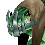  black_sclera brown_hood close-up closed_mouth colored_sclera furry gegegekman green_scales hood lizardman muzzle nostrils original scales sharp_teeth slit_pupils solo teeth tusks white_background 