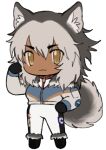  1girl :3 animal_ear_fluff animal_ears black_gloves blue_jacket borrowed_character chibi closed_mouth curled_tail dark-skinned_female dark_skin dog_ears dog_tail full_body gloves grey_hair hair_between_eyes hand_on_own_hip hand_up jacket lapithai long_hair long_sleeves looking_at_viewer lowres multicolored_hair original pants simple_background solo standing tail transparent_background white_pants yellow_eyes 