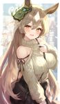  1girl absurdres animal_ears bag between_breasts blurry blurry_background blush breasts casual commentary_request hair_between_eyes hair_ornament highres horse_ears horse_tail long_hair looking_at_viewer satono_diamond_(umamusume) sky_cappuccino solo sweater tail umamusume 