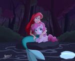 2016 5_fingers absurd_res ariel_(disney) artist_name blue_eyes crossover cutie_mark digital_drawing_(artwork) digital_media_(artwork) disney duo earth_pony equid equine eyebrows female feral fin fingers fish_tail forest forest_background friendship_is_magic fur glistening hair hasbro hi_res horse lips long_hair looking_up mammal marine merfolk mermaid_tail my_little_pony nature nature_background navel nippy13 on_model outside pink_hair pinkie_pie_(mlp) plant pony red_hair red_lips reflection sitting sitting_on_rock smile split_form style_crossover tail tail_fin the_little_mermaid_(1989) tree water water_reflection