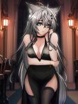  1girl absurd_fox absurdres alternate_costume animal_ears arknights black_dress blue_eyes breasts dress grey_hair hair_between_eyes highres lappland_(arknights) large_breasts long_hair looking_at_viewer solo standing tail wolf_ears wolf_girl wolf_tail 