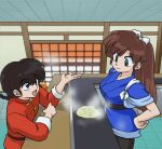  1boy 1girl black_hair bow braid braided_ponytail brown_hair chinese_clothes food hair_bow happy kuonji_ukyou okonomiyaki open_mouth pantyhose ranma_1/2 saotome_ranma smile standing talking tangzhuang wanta_(futoshi) white_bow 