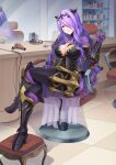  1girl absurdres breast_strap breasts camilla_(fire_emblem) cleavage fire_emblem fire_emblem_fates footstool gloves hair_dryer hair_over_one_eye hair_salon highres holding holding_scissors laba_laba_batu large_breasts long_hair looking_at_viewer mirror purple_eyes purple_gloves purple_hair reflection scissors sitting smile solo spinning_chair tiara wavy_hair 