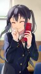  1girl black_hair blazer blue_jacket book_the_star cellphone closed_eyes closed_mouth collared_shirt commentary_request flip_phone highres holding holding_phone indoors jacket k-on! long_hair long_sleeves nakano_azusa neck_ribbon phone red_ribbon ribbon sakuragaoka_high_school_uniform school_uniform shirt smile solo twintails white_shirt window winter_uniform 