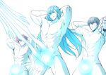 3boys ainchase_ishmael arms_behind_head black_hair blue_eyes blue_hair completely_nude cowboy_shot elsword elsword_(character) erection expressionless furious_blade_(elsword) highres knight_emperor_(elsword) long_hair male_focus mechanical_arms multiple_boys muscular muscular_male nude pinkmarine raven_cronwell red_eyes red_hair richter_(elsword) serious short_hair single_mechanical_arm sword weapon white_eyes 