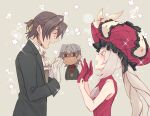  1girl 2boys :d antonio_salieri_(fate) antonio_salieri_(human)_(fate) antonio_salieri_(second_ascension)_(fate) ascot black_jacket blush brown_hair brown_vest closed_eyes dress dual_persona facing_another fate/grand_order fate_(series) flower frilled_hat frills from_side gloves grey_background grey_hair hair_intakes hair_ribbon half_updo hands_up hat highres jacket large_hat long_hair marie_antoinette_(fate) multiple_boys nervous_sweating open_mouth pinstripe_jacket pinstripe_pattern red_ascot red_dress red_gloves red_headwear ribbon sabamiso_shoya short_hair simple_background sleeveless sleeveless_dress smile sparkle striped sweat trembling twintails vest white_ascot white_gloves white_hair yellow_ribbon 