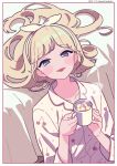  1girl bed_sheet blonde_hair brown_hairband brown_ribbon cherry_print collarbone collared_shirt commentary_request cup dated dress_shirt food_print hair_ribbon hairband hands_up highres holding holding_cup indoors long_hair long_sleeves looking_at_viewer mug neki_(wakiko) original pajamas print_pajamas print_shirt purple_eyes ribbon shirt solo steam tongue tongue_out twitter_username upper_body very_long_hair white_pajamas white_shirt 
