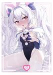  1girl absurdres animal_ears azur_lane bare_shoulders blue_leotard blue_ribbon blush border breasts covered_navel crossed_bangs fake_animal_ears grabbing_own_breast groin hair_ribbon heart heart-shaped_pupils highres laffey_(azur_lane) laffey_ii_(azur_lane) laffey_ii_(sleepy_on_a_busy_day)_(azur_lane) leotard long_hair long_sleeves looking_at_viewer official_alternate_costume open_mouth pantyhose playboy_bunny rabbit_ears recording red_eyes ribbon small_breasts solo symbol-shaped_pupils twintails wendao white_border white_hair white_pantyhose 