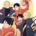  2boys black_hair black_jacket closed_eyes earrings green_hair hat hat_on_back highres holding jacket jewelry kangyaosasuke male_focus monkey_d._luffy multiple_boys one_piece open_mouth roronoa_zoro scar scar_across_eye scar_on_cheek scar_on_face short_hair smile straw_hat sword teeth weapon 