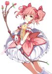  arrow_(projectile) bow bow_(weapon) choker drawing_bow dress frilled_dress frilled_socks frills gloves hair_bow highres holding holding_arrow holding_bow_(weapon) holding_weapon kaname_madoka kneehighs kuki_tan looking_to_the_side magical_girl mahou_shoujo_madoka_magica medium_hair pink_bow pink_choker pink_dress pink_eyes pink_hair puffy_short_sleeves puffy_sleeves short_sleeves simple_background socks soul_gem twintails two-tone_dress weapon white_background white_dress white_gloves white_socks 