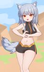  1girl :d absurdres animal_ears bare_shoulders black_shorts day feet_out_of_frame fist_in_hand highres ju_ge looking_at_viewer midriff navel orange_eyes original outdoors short_shorts shorts sleeveless smile solo tail wolf_ears wolf_tail 