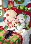  2girls :3 ahoge bag black_cat blonde_hair book candy candy_cane cat christmas_stocking christmas_wreath closed_eyes closed_mouth dodoco_(genshin_impact) food genshin_impact green_hair green_headband hair_ornament headband heart heart_hair_ornament highres holding huge_ahoge indoors klee_(genshin_impact) long_hair long_sleeves low_twintails merry_christmas multicolored_hair multiple_girls nahida_(genshin_impact) on_bed pajamas pointy_ears red_pajamas scaramouche_(cat)_(genshin_impact) scaramouche_(genshin_impact) side_ponytail sleeping smile sparkle stuffed_animal stuffed_toy teddy_bear twintails under_covers white_hair white_pajamas wreath yutukicom 