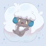  alternate_color artist_name blue_background brown_eyes commentary curled_horns dark_skin horns iwasi_29 no_humans open_mouth pokemon pokemon_(creature) shiny_pokemon smile symbol-only_commentary twitter_username whimsicott white_hair 