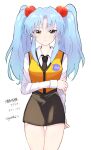  1girl absurdres arm_behind_back black_necktie black_skirt blue_hair character_name closed_mouth collared_shirt commentary_request copyright_name ha01ru28 hair_intakes hand_on_own_arm highres hoshino_ruri kidou_senkan_nadesico light_blue_hair long_hair long_sleeves miniskirt necktie shirt sidelocks simple_background skirt solo standing straight-on thigh_gap twintails vest white_background white_shirt yellow_eyes yellow_vest 