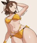  1girl :o arms_up atelier_(series) atelier_ryza atelier_ryza_2 bikini bow breasts brown_eyes brown_hair commentary_request hair_bow hat highres illust_audio looking_to_the_side medium_breasts navel one_eye_closed reisalin_stout short_hair solo swimsuit yellow_bikini 