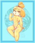 animal_crossing anthro areola blush bodily_fluids body_hair breasts butt canid canine canis clothed clothing digital_media_(artwork) domestic_dog exposed_breasts eyes_closed female fur genitals hair hi_res isabelle_(animal_crossing) izukuri mammal nintendo nipples open_mouth panties pubes pubes_exposed simple_background small_breasts solo summer sweat underwear yellow_body yellow_fur