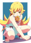  1girl bare_shoulders blonde_hair blush_stickers doughnut dress food full_body gesugesu_ahoaho long_hair looking_at_viewer monogatari_(series) mouth_hold oshino_shinobu sandals smile solo squatting sundress teeth teeth_hold white_dress yellow_eyes 