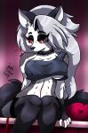 &lt;3 anthro blush breasts canid canid_demon clothing collar crop_top demon ear_piercing ear_ring female hellhound helluva_boss hi_res joakaha looking_at_viewer loona_(helluva_boss) mammal midriff piercing red_sclera ring_piercing shirt sitting solo spiked_collar spikes topwear under_boob