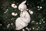  1girl animal_ears barefoot clenched_hands closed_eyes clover commentary dress field flower hand_up highres long_sleeves lying on_side original rabbit rabbit_ears shirokujira short_hair short_ponytail signature white_dress white_flower white_hair 