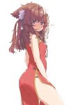  1girl absurdres animal_ears aoi_tori bare_arms bare_legs black_panties breasts brown_eyes brown_hair china_dress chinese_clothes closed_mouth commentary_request cowboy_shot dress flying_sweatdrops from_side furrowed_brow hair_ornament highres long_hair looking_at_viewer messy_hair original panties red_dress simple_background sleeveless small_breasts solo underwear white_background 