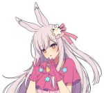  1girl :o animal_ears blush cosplay dress gloves grey_hair hands_up heart heart_hands hitsuki_rei hoshino_ai_(oshi_no_ko) hoshino_ai_(oshi_no_ko)_(cosplay) indie_virtual_youtuber long_hair looking_at_viewer nica_wolper one_side_up oshi_no_ko parted_lips pink_dress pink_gloves rabbit_ears red_eyes simple_background solo star_(symbol) symbol-shaped_pupils upper_body very_long_hair virtual_youtuber white_background 