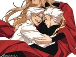  1girl 2boys 3hkxbot blonde_hair blush closed_mouth commentary dante_(devil_may_cry) devil_may_cry_(series) dress eva_(devil_may_cry) family hair_slicked_back highres holding hug long_hair mother_and_son multiple_boys parent_and_child siblings simple_background smile symbol-only_commentary vergil_(devil_may_cry) white_background white_hair 