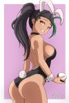  1girl absurdres animal_ears artist_name ass black_hair black_leotard breasts choker cowboy_shot dark-skinned_female dark_skin english_commentary fake_animal_ears from_side grin high_ponytail highleg highleg_leotard highres holding holding_poke_ball jay_flare large_breasts leotard long_hair looking_at_viewer looking_back multicolored_hair nemona_(pokemon) no_freckles pink_background playboy_bunny poke_ball poke_ball_(basic) pokemon pokemon_(game) pokemon_sv rabbit_ears rabbit_tail shoulder_blades smile solo streaked_hair tail thighs wrist_cuffs 