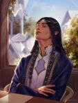  1boy black_hair blue_eyes blue_robe blue_sky chair circlet crossed_arms day elf fingon highres indoors long_hair melqinnee on_chair open_clothes open_robe paper pointy_ears robe shirt sitting sky solo table the_silmarillion tolkien&#039;s_legendarium tree white_shirt window 