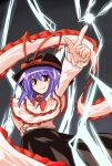  1girl arm_up black_headwear black_skirt bow bowtie capelet closed_mouth commentary_request frilled_shawl frills hand_on_own_hip hat hat_bow index_finger_raised kibisake lightning long_sleeves looking_at_viewer nagae_iku purple_hair red_bow red_bowtie red_eyes shawl shirt short_hair skirt smile solo touhou white_capelet white_shirt 