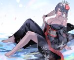  1girl barefoot breasts cleavage flower folding_fan full_body girls&#039;_frontline grey_eyes grey_hair hair_flower hair_ornament hand_fan highres holding holding_fan japanese_clothes kimono large_breasts medium_hair mg5_(dark_blossom_of_the_end)_(girls&#039;_frontline) mg5_(girls&#039;_frontline) official_alternate_costume sideways_glance sitting smile solo water yongsadragon 