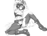  1girl bar_censor blue_archive boots breasts censored commentary_request cum cum_on_hair facial greyscale halo medium_breasts midriff misaki_(blue_archive) monochrome navel nipples pants shirt short_hair simple_background sitting solo torn_clothes torn_pants torn_shirt white_background whoosaku 