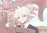  1boy alternate_costume black_jacket blurry blurry_background brown_hair closed_mouth collared_shirt danganronpa_(series) danganronpa_2:_goodbye_despair finger_frame grey_eyes hair_between_eyes highres hinata_hajime jacket komaeda_nagito looking_at_viewer messy_hair multicolored_hair natsukusa_(hacho129) necktie orange_necktie shirt smile solo_focus tree two-tone_hair upper_body white_hair 