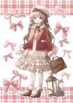  1girl bag beret blue_eyes bow brown_bow brown_footwear brown_hair cat earrings full_body hat hat_bow highres holding holding_bag hoshiibara_mato jacket jewelry lantern long_sleeves original pink_bow red_jacket solo standing white_headwear 
