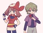  1boy 1girl bandana belt black_pants black_shirt blue_eyes brown_hair commentary drew_(pokemon) flower gloves green_eyes green_hair green_pants grey_background hand_on_own_hip hand_up holding holding_flower holding_poke_ball jacket looking_at_another may_(pokemon) medium_hair mgomurainu multicolored_clothes multicolored_gloves pants poke_ball pokemon pokemon_(anime) pokemon_rse_(anime) purple_jacket red_bandana red_flower red_rose red_shirt rose serious shirt short_hair short_sleeves sidelocks simple_background turtleneck_shirt upper_body yellow_belt 