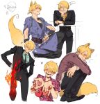  1boy animal_ear_fluff animal_ears bishounen black_pants black_suit blonde_hair blue_eyes blush cigarette coat curly_eyebrows facial_hair formal fox_boy fox_ears hair_over_one_eye highres japanese_clothes lampppppw looking_at_viewer male_focus one_piece pants sanji_(one_piece) smile suit 