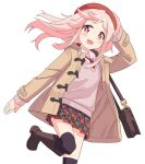  1girl :d bag beret black_thighhighs boots brown_eyes brown_footwear changaa commentary hand_on_headwear hat jacket knee_boots long_hair long_sleeves looking_at_viewer miniskirt necktie onii-chan_wa_oshimai! open_clothes open_jacket open_mouth oyama_mahiro pink_hair pink_sweater plaid plaid_skirt pleated_skirt red_headwear red_necktie red_skirt shirt simple_background skirt smile solo sweater thighhighs white_background white_shirt wing_collar yellow_jacket zettai_ryouiki 
