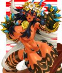  1girl armored_gloves ass_visible_through_thighs black_hair body_markings breasts bright_pupils claw_pose claws colored_skin commentary_request dragon_girl dragon_horns dragon_tail eiyuu_senki eiyuu_senki_ww facial_mark flower hair_flower hair_ornament hair_over_breasts highres horns kirinoe_(eiyuu_senki) large_breasts long_hair looking_at_viewer medallion miyamae_(miyazen9311) multicolored_hair navel open_mouth pink_eyes pointy_ears red_skin sharp_teeth solo tail teeth thigh_gap very_long_hair white_hair white_pupils 