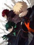  3boys absurdres alternate_eye_color bakugou_katsuki black_bodysuit black_gloves blonde_hair blue_eyes bodysuit boku_no_hero_academia burn_scar chromatic_aberration closed_mouth commentary_request container covered_mouth dutch_angle floating_hair freckles from_side gloves green_eyes green_gloves green_hair hand_up highres hood hood_down hooded_bodysuit leaning_forward looking_ahead male_focus mask mask_around_neck midoriya_izuku mouth_mask multicolored_hair multiple_boys official_alternate_costume open_hand orange_eyes outstretched_hand profile red_hair rock ryo_(piggerworld) sanpaku scar scar_on_face short_hair side-by-side single_horizontal_stripe smile spiked_hair stone_pillar straight_hair todoroki_shouto two-tone_hair upper_body white_background white_hair x 
