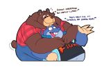 2024 anthro bear belly big_belly blue_body brown_body brown_fur cade_(the_human_heart) clothing duo dylan_(the_human_heart) embrace english_text eulipotyphlan eyes_closed fur hug hugging_from_behind kemono leonthelionel male male/male mammal mole_(animal) overalls overweight overweight_male shirt simple_background tail tail_motion tailwag text the_human_heart_(game) topwear white_background