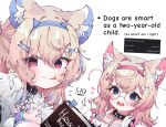  2girls ;q animal_collar animal_ears bandaid bandaid_hair_ornament bespectacled black_collar blue_eyes blue_hair blue_hairband blush book collar commentary crossed_bangs dog_ears double-parted_bangs english_commentary english_text fake_horns fur-trimmed_jacket fur_trim fuwawa_abyssgard fuwawa_abyssgard_(1st_costume) glasses hair_between_eyes hair_intakes hair_ornament hairband hairclip headphones headphones_around_neck highres holding holding_book hololive hololive_english horns jacket koyoinacho light_brown_hair long_hair looking_at_viewer mococo_abyssgard mococo_abyssgard_(1st_costume) multicolored_hair multiple_girls no_pupils one_eye_closed open_mouth pink_eyes pink_hair pink_hairband red-framed_eyewear short_hair siblings simple_background sisters streaked_hair tongue tongue_out twins two_side_up upper_body virtual_youtuber white_background x_hair_ornament 