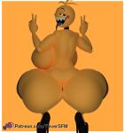 2024 3d_(artwork) animatronic anthro anus avian big_breasts bird breasts butt chicken clothing crouching digital_media_(artwork) double_v_sign female feversfm five_nights_at_freddy&#039;s five_nights_at_freddy&#039;s_2 footwear galliform gallus_(genus) gesture hi_res high_heels huge_breasts looking_at_viewer looking_back looking_back_at_viewer machine metal_tongue open_mouth phasianid robot scottgames sharp_teeth solo teeth text thick_thighs tongue tongue_out toy_chica_(fnaf) url v_sign yellow_body