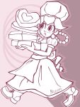  1girl apron artist_name ball_earrings biscuit_(bread) blush boots braid cake chef_hat earrings food hat heart jewelry m4carunes mario_(series) nintendo princess_peach princess_peach:_showtime! solo 