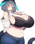  absurdres arknights blue_eyes blue_nails blush breasts commission curvy denim detached_sleeves grey_hair head_wings highres ho&#039;olheyak_(arknights) huge_breasts jeans looking_at_viewer nail_polish pants pixiv_commission rikuguma simple_background smile tail wings 