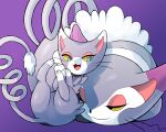  :d blue_eyes cat colored_sclera glameow highres looking_at_another lying no_humans on_stomach pokemon pokemon_(creature) purple_background purugly rakkokun_tondoru smile yellow_sclera 