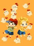  2boys backpack bag baseball_cap blonde_hair blue_shorts blush_stickers doseisan hat hitofutarai lucas_(mother_3) male_focus mother_(game) mother_2 mother_3 multiple_boys ness_(mother_2) on_head open_mouth orange_background orange_footwear outstretched_arms red_footwear red_headwear shirt short_hair shorts simple_background socks spread_arms stacking striped striped_shirt white_socks 